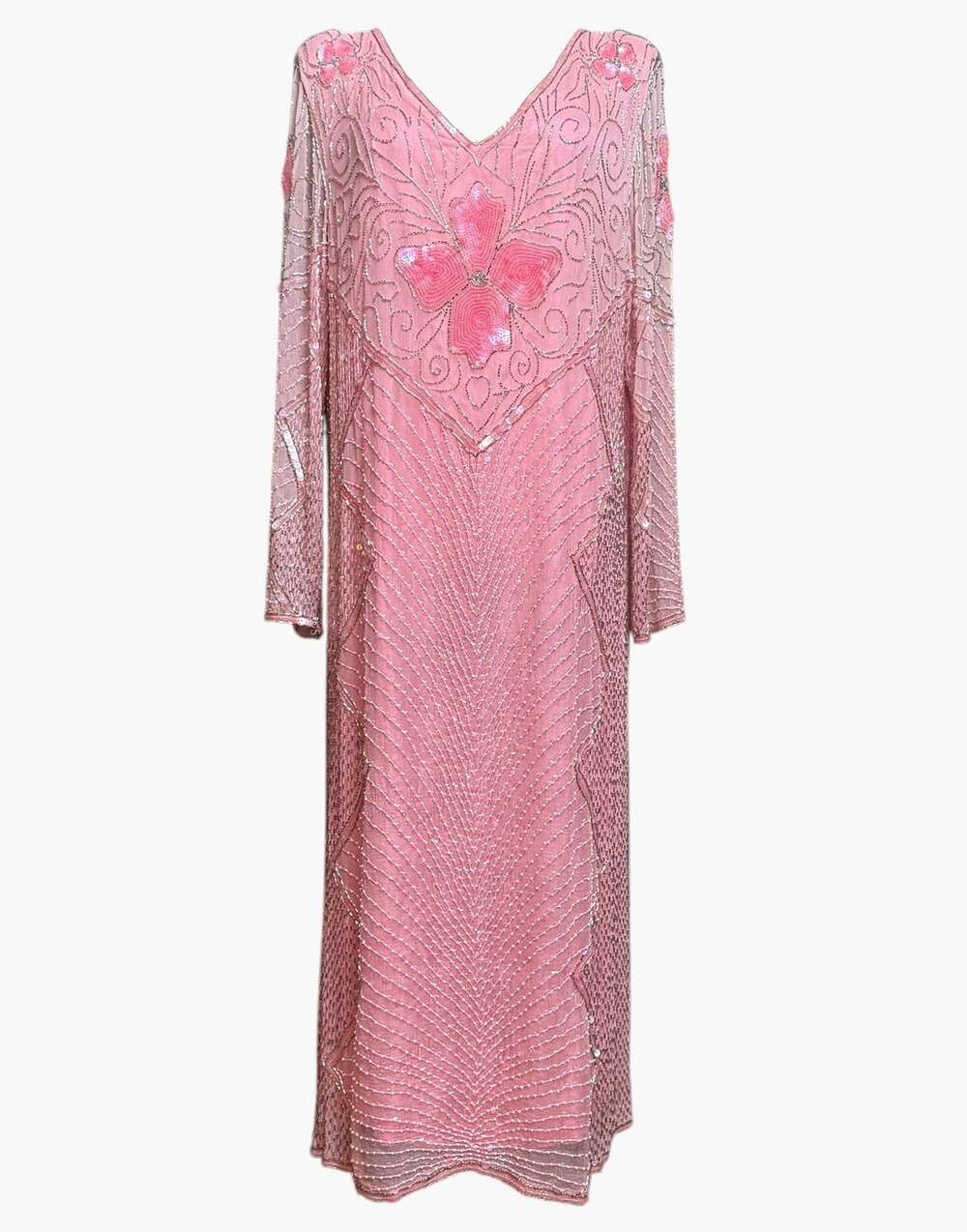 Vintage 70s Pink Beaded Sequin Maxi Dress Art Deco Floral Evening Gown Size M